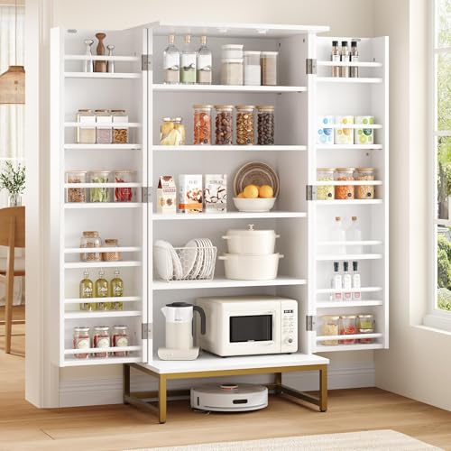 kepptory 51” Kitchen Pantry Storage Cabinet with Diamond Design, White Freestanding Pantry Cabinets with Golden Base and Handles, Buffet Cupboards Cabinet with 6 Adjustable and Large Storage Space - color: White, size: 16"D x 24"W x 51"H