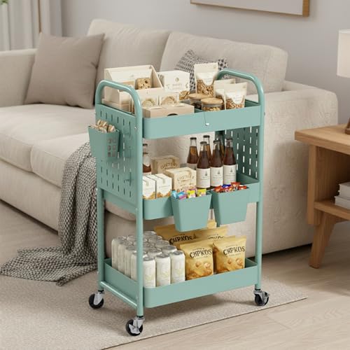 danpinera Rolling Cart, Movable Utility Organizer with Retractable Dividers & Pegboards for Kitchen, Bathroom, Office - color: Green