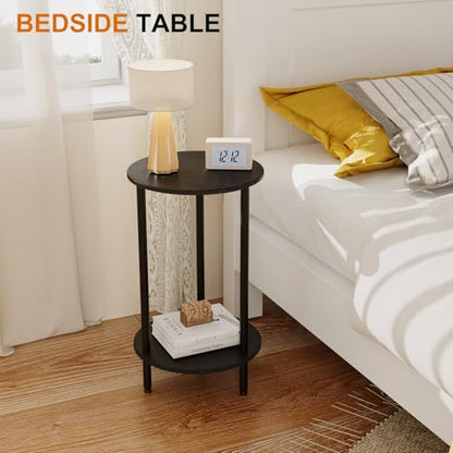 Small Round Side Table, Black Round End Table, 2-Tier Modern Accent/Bedside Table for Living Room-Black - color: Black, size: 1PC