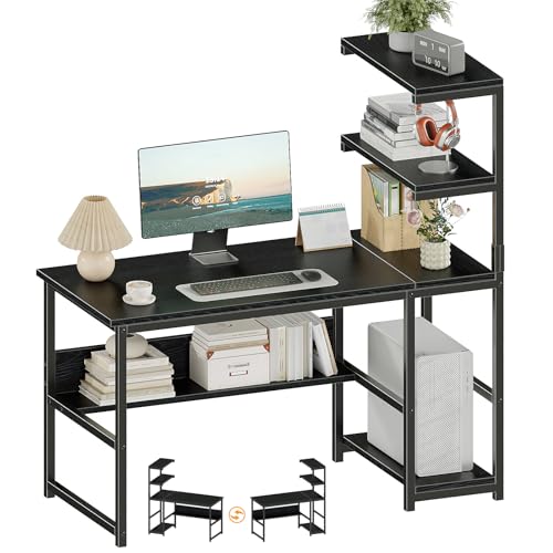 ALISENED 47" Computer Desk with Bookshelf & Storage Shelves, Black | Home Office Desk with 4-Tier Open Shelves, Modern Writing Desk, Easy Clean Workstation for Study, Gaming, Bedroom - color: Black