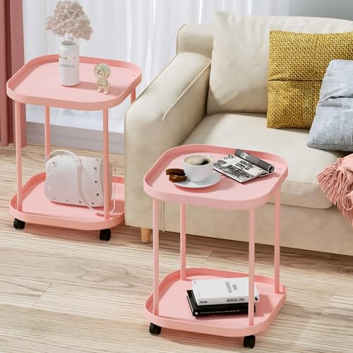 Side Table with Wheels, End Table Living Room Plastic Mobile Sofa Side Table Small Night Stand Bedroom Pink (2 Pack) - color: Pink, size: 2 Pack