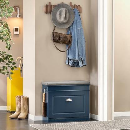 Haotian Small Shoe Storage Bench, Narrow Shoe Cabinet Entryway with 1 Flip-Drawer and Seat Cushion, Mini Shoe Rack Hallway Entrance Mudroom, Navy Blue FSR82-K-B - color: Navy, size: 1 Drawer:24x9.4x20"