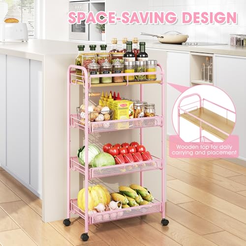 TOOLF 4-Tier Slim Rolling Cart, Metal Storage Cart with Wooden Tabletop and Mesh Baskets for Narrow Space on Kitchen Bathroom Laundry Room Bedroom Apartments Dormitory - size: Slim, style: Pink