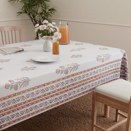 Encasa XO Rectangular Tablecloth 56"x72" 6 ft Rosebush Jaipuri Block Print Cotton Dining Table Cloth | Handcrafted Floral tablecloths – Machine Washable for Indoor, Outdoor, Everyday Use - color: Rosebush, size: 72" x 56" (Rectangular)