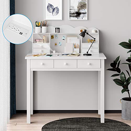 ADORNEVE White Home Office Desk with USB Port, 7 Drawers and Hutch | Writing Desk with Charge Station, Student Desk Study Table, Small White Desks, Solid Pine Wood Legs,Computer Desk - color: White With Usb Ports, size: 36.2*19inch