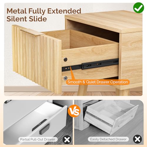VINGLI Night Stand Set 2, Fluted Nightstands with Drawer, Mid Century Modern Nightstands Set of 2, Bedside Table, End Table, Wood Nightstand for Bedroom, Natural Oak, 15.75" W*11.81" D*21.85" H - color: Oak, size: 15.7"W-1 Drawer