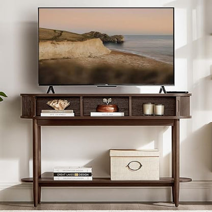 LINSY Fluted Console Table with Storage and Shelves, Walnut | Entryway Table, Wood Entrance, Behind Couch Sofa Table, Foyer Tables for Hallways, Living Room Boho Furniture, Narrow Long - color: Walnut