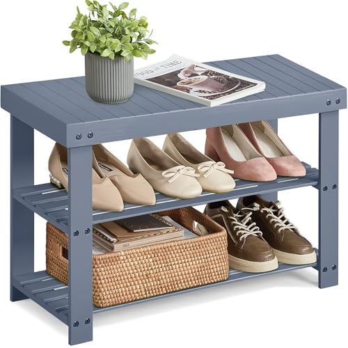 SONGMICS Shoe Rack Bench, 3-Tier Bamboo Shoe Storage Organizer, Entryway Bench, Holds Up to 286 lb, 11.3 x 27.6 x 17.8 Inches, for Entryway Bathroom Bedroom, Grey ULBS04GY - color: Grey, size: 27.6"W