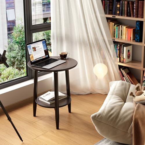 Round End Table,Solid Wood Small Round Table with Lower Shelf,Round Side Table,Nightstand for Small Spaces,Living Room,Bedroom(Walnut) - color: Walnut