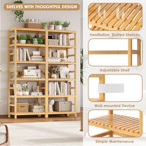 FOTOSOK 6-Tier Bamboo Shelf with Adjustable Shelves, Bamboo Kitchen Cabinet | Tall Bamboo Bookshelf and Plant Shelf with 250-lb Shelf Capacity for Laundry Bathroom Kitchen Pantry Home Office - color: Natural