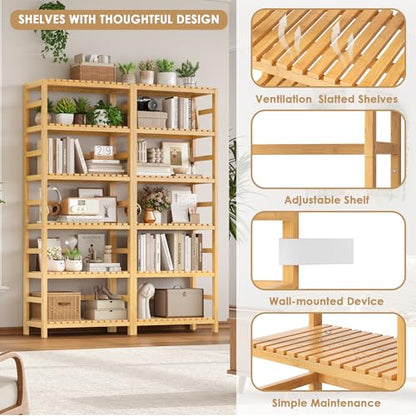 FOTOSOK 6-Tier Bamboo Shelf with Adjustable Shelves, Bamboo Kitchen Cabinet | Tall Bamboo Bookshelf and Plant Shelf with 250-lb Shelf Capacity for Laundry Bathroom Kitchen Pantry Home Office - color: Natural