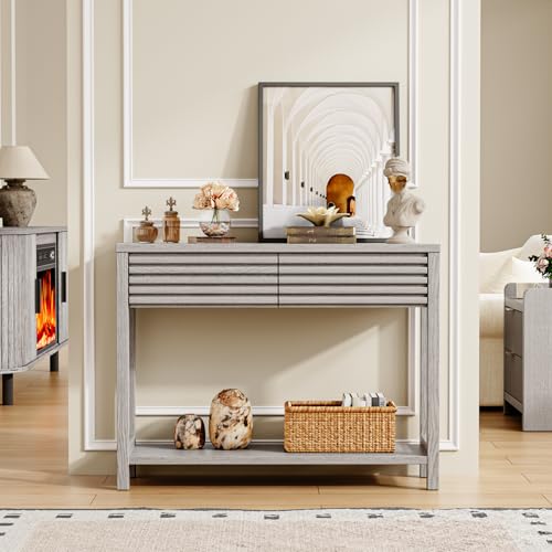 EAG 40" Fluted Console Table with 2 Drawers, Modern Wood 2 Tier Entryway Table with Storage Shelf, Narrow Sofa Tables Behind Couch for Entrance Foyer, Hallway, Living Room, Gray - color: Grey