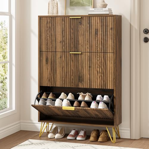 Shoe Cabinet with 3 Flip Drawer, Mid Century Shoe Cabinet Storage for Entryway Slim, Hidden Shoe Storage Cabinet, Freestanding Shoes Rack Organizer for Entryway, Walnut - color: Walnut, size: 3 Drawers
