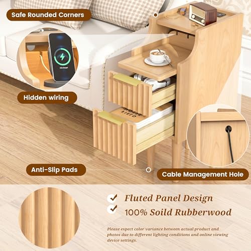 Fluted Narrow Nightstand with Charging Station, Solid Wood Night Stand with 2 Drawers, Natural Mid Century Modern Led Nightstand, Small Beside Table with Open Storage Shelf for Bedroom （10 inch） - color: Natural