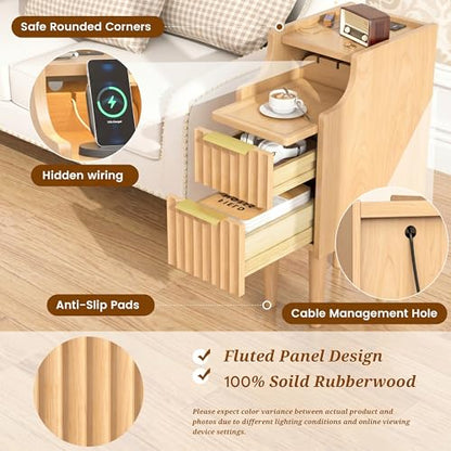 Fluted Narrow Nightstand with Charging Station, Solid Wood Night Stand with 2 Drawers, Natural Mid Century Modern Led Nightstand, Small Beside Table with Open Storage Shelf for Bedroom （10 inch） - color: Natural