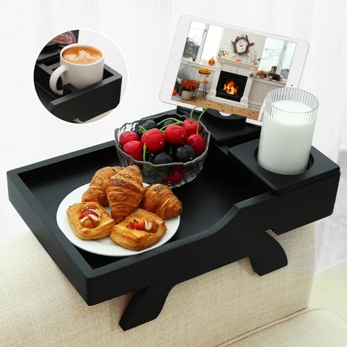 GHKINMAL Couch Cup Holder Tray, 15.4"x9.9" Large 4 in 1 Couch Arm Tray with 360°Rotated Phone Holder, Non-Slip Clip on Side Table for Drinks/Remote/Snacks, Ideal Gift for Husband, Wife, Parents - color: Black