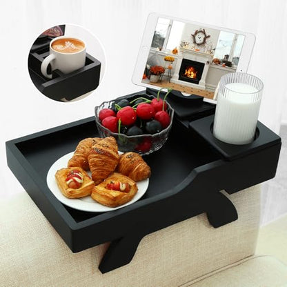 GHKINMAL Couch Cup Holder Tray, 15.4"x9.9" Large 4 in 1 Couch Arm Tray with 360°Rotated Phone Holder, Non-Slip Clip on Side Table for Drinks/Remote/Snacks, Ideal Gift for Husband, Wife, Parents - color: Black
