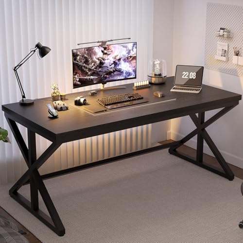 Modern Black Computer Desk, Long Home Office Desk for Study 60 Inch | Large Simple Wood Metal Work Writing Desk in Bedroom, Oak Big Industrial Pc Gaming Workstation Executive Computer Table - color: Black Oak, size: 60 Inch