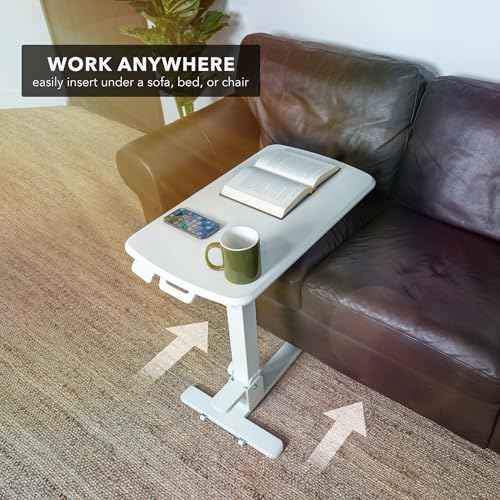 Mount-It! Foldable Overbed Table with Wheels – Height Adjustable Rolling Bedside Table, No Assembly Required, Ultra-Low Profile Base Fits Under Beds & Sofas, for Home and Hospital Use