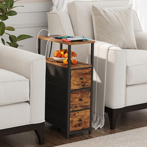 TUTOTAK Narrow Night Stand with Charging Station, Slim End Table | Tall Side Table with 3 Fabric Drawer, Small Bedside Table with Storage, Living Room, Bedroom, Brown TB01BB086 - color: Brown, size: 1 Pack (3 Drawers), style: With Plug