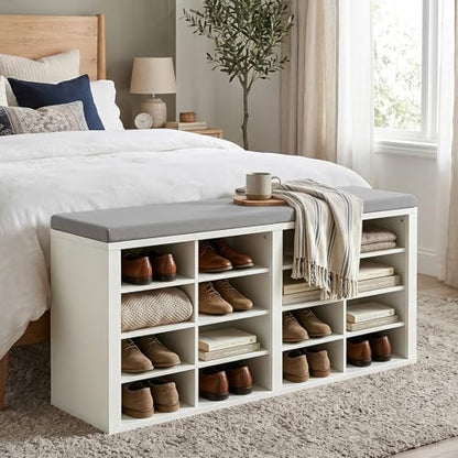 AMONIDA Shoe Storage Bench with Cushion, Entryway Bench with 16 Cubbies, 4-Tier Organizer Bench with Removable Dividers for Hallway Living Room - color: White + Light Grey