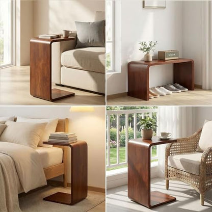 CHSSIH C Shaped End Table for Couch - Wooden Sofa Side Table, Slide Under Couch Table for Living Room, Bedroom, Laptop, Coffee, Small Space Narrow Furniture, Walnut