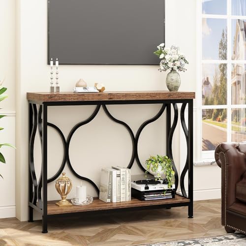 IBF 39.4" Narrow Console Table, Farmhouse Entryway Table in Living Room Hallway Foyer Entrance, Industrial Wood Metal Sofa Table Entry way Behind Couch Tables with 2-Tier Storage Shelves, Rustic Brown - color: Rustic Brown Oak, size: 39 Inch