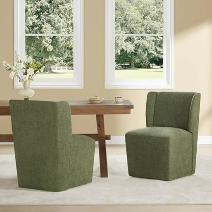 KISLOT Upholstered Dining Chairs Set of 1 with Casters, Wingback Modern Side Armless Deskchair with Rollers for Diningroom Bedroom Livingroom Reading Room, Green Fabric - color: A Green Fabric, size: Set of 1