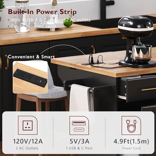 60" Kitchen Island with Trash Can Storage Cabinet and Power Outlet | Rolling Kitchen Cart on Wheels with Rubber Wood Drop Leaf Top, Spice Rack, Towel Rack and Adjustable Shelf, Black - color: Black
