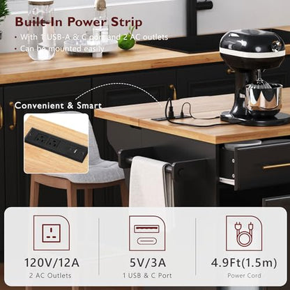 60" Kitchen Island with Trash Can Storage Cabinet and Power Outlet | Rolling Kitchen Cart on Wheels with Rubber Wood Drop Leaf Top, Spice Rack, Towel Rack and Adjustable Shelf, Black - color: Black