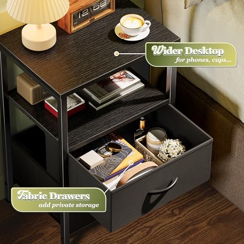 Huuger Night Stand with 2 Drawers, Bed Side Table with Open Shelf, Wooden Top, Nightstand for Bedroom, End Table for Small Space, Fabric Drawer, Black - color: Black