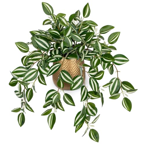 Briful Faux Plants Indoor 17.7in Fake Watermelon Peperomia Plant in Gold Pot with Realistic Silk Green Leaves Artificial Potted Plant for Home Office Table Bookshelf Desk Room Decor - color: White Green-gold Pot