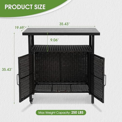 HOMEFUN Outdoor Bar Table Featuring Storage Cabinet: Wheeled Patio Serving Carts, Wicker Grill Cart Prep Station & Rolling Kitchen Island for Patio, Backyard and Outside Use, in Black - color: 03-black