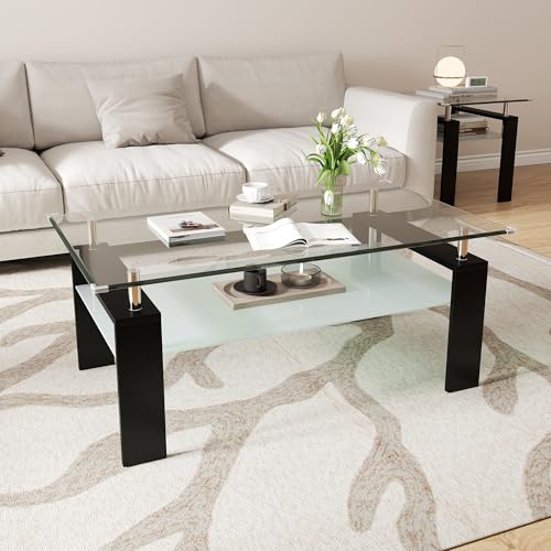 2-Tier Coffee Table with Tempered Glass Top and MDF Frame, Modern Black Rectangular Glass Center Table for Living Room, Apartment, Office, Easy to Assemble - color: Black, size: Coffee Table