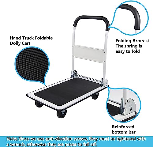 LEADALLWAY Foldable Push Cart Platform Cart 330lbs Capacity with 2 Ropes | 4 Wheels, 28.7"x18.5"x32.3", Small Flatbed Cart, Protable, White - color: White