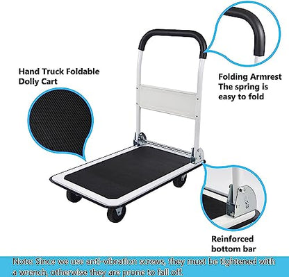 LEADALLWAY Foldable Push Cart Platform Cart 330lbs Capacity with 2 Ropes | 4 Wheels, 28.7"x18.5"x32.3", Small Flatbed Cart, Protable, White - color: White