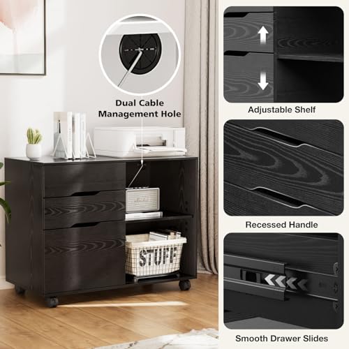 DUMOS File Cabinet with 3 Drawers, Wood Under Desk Storage Printer Stand | Rolling Lateral Filing Cabinet with Adjustable Shelves for Home Office Study Organization,Black - color: Modern Black