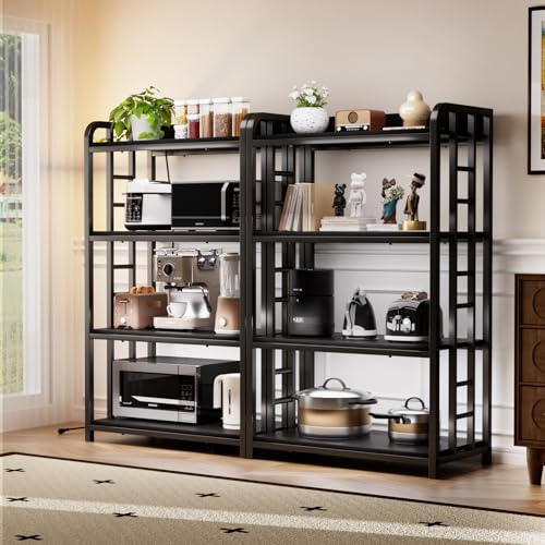 Adjustable Bakers Rack with Power Outlet, 4 Tier Microwave Oven Stand, Heavy Duty Kitchen Storage Rack for Garage Dining Room, Black