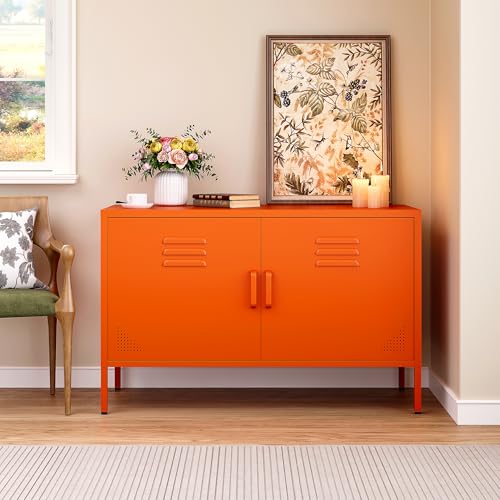 SISESOL Orange Metal Storage Cabinet with Doors and Shelves,2 Door Wide Metal Locker Accent Storage Cabinet with Leg & Vent Hole,Wide TV Cabinets,Low Side Cupboard for Home,Office,Dining/Living Room - color: Orange