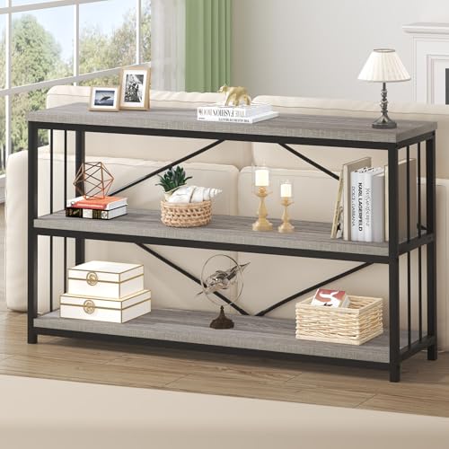 HSH Gray Bookshelf, Industrial Wood Metal Long Bookcase with Storage, Open 3 Tier Bookshelves for Bedroom Living Room, Farmhouse Wooden Etagere Book Shelf for Home Office, Light Grey Oak, 55 Inch - color: Light Grey Oak, size: 55 Inch