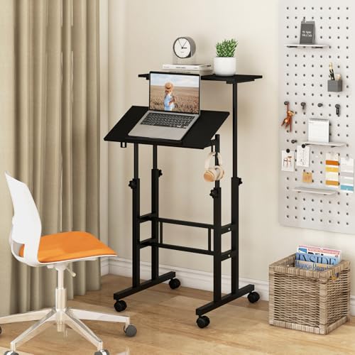 Tangkula Mobile Standing Desk, Height-Adjustable Laptop Podium Cart with Tilting Tabletop & Adjustable Angle, Rolling Stand Up Computer Desk with 2 Hanging Hooks & Lockable Casters for Home Office - color: Black
