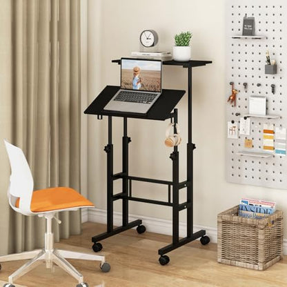 Tangkula Mobile Standing Desk, Height-Adjustable Laptop Podium Cart with Tilting Tabletop & Adjustable Angle, Rolling Stand Up Computer Desk with 2 Hanging Hooks & Lockable Casters for Home Office - color: Black