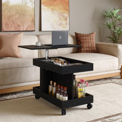 Multifunctional End Table with Wheels and 360° Rotating Desktop | Rolling Design, Storage Compartment, Sofa Side Narrow Table, Bedside Use, Living Room & Bedroom - color: Black-7.15