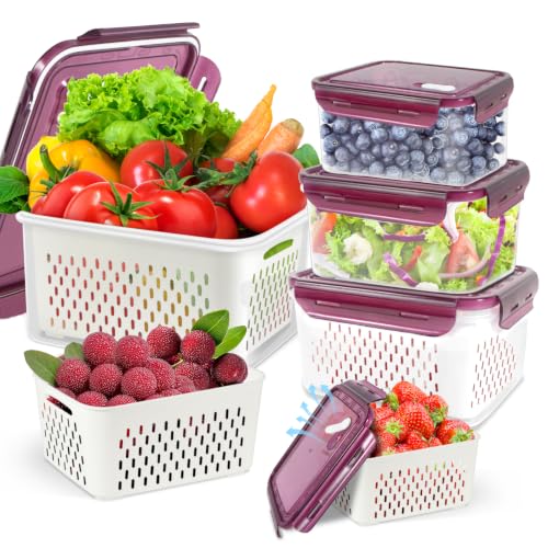 4Pack Fruit Storage Container for Fridge with Colander and Vent - Purple | 8 Pieces BPA Free Kitchen Refrigerator Organizers Plastic Fruit Containers for Fridge for Fruit Berry Salad Lettuce - color: 4 Sets/8 Pcs - M -V-P
