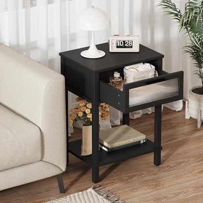 Nightstand Wooden Bedside Table with Drawer Black Night Stands Modern Style Small End Table Side Table with Storage Shelf for Bedroom Living Room MLBZ10B - color: Black