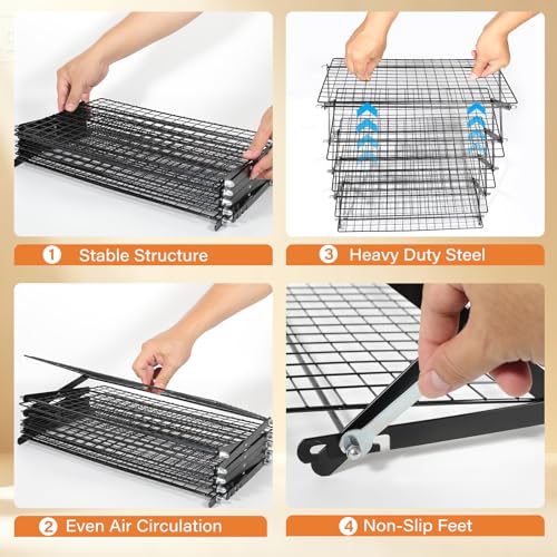 5 Tier Upgraded Collapsible Cooling Rack with Adjustable 3 Setting Design, Stackable Baking Rack with Clean Brush, Roasting Cooking Drying Wire Cooling Rack for Cookies Baking Roasting ＆ Grilling - color: Black