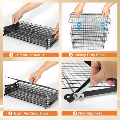 5 Tier Upgraded Collapsible Cooling Rack with Adjustable 3 Setting Design, Stackable Baking Rack with Clean Brush, Roasting Cooking Drying Wire Cooling Rack for Cookies Baking Roasting ＆ Grilling - color: Black