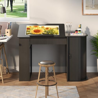 Drafting Table with Storage Cabinet & Drawers, Adjustable Drawing Table with Open Shelves, Crafting Table Art Desk for Home Office, Reading, Writing, Crafting, Painting (Black) - color: Black