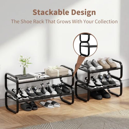 2 Tier Shoe Rack - Expandable Shoe Organizer for Closet, Adjustable Metal Shoe Shelf Storage, Stackable Long Shoe Stand Holder for Garage, Entryway, Door Entrance - size: 2 Tier