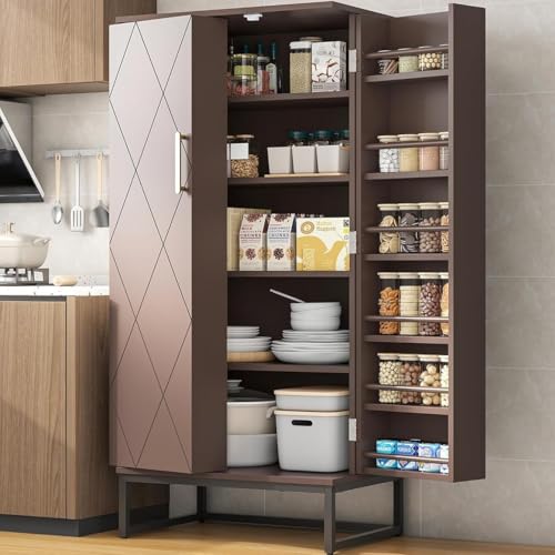 kepptory 51" Pantry Cabinet with Diamond-Patterned Doors and Golden Handles, Freestanding Kitchen Storage Cabinet with 17 Shelves, Tall Metal Base, Adjustable Feet, Grey (Brown, 16"D x 24"W x 51"H) - color: Brown, size: 16"D x 24"W x 51"H